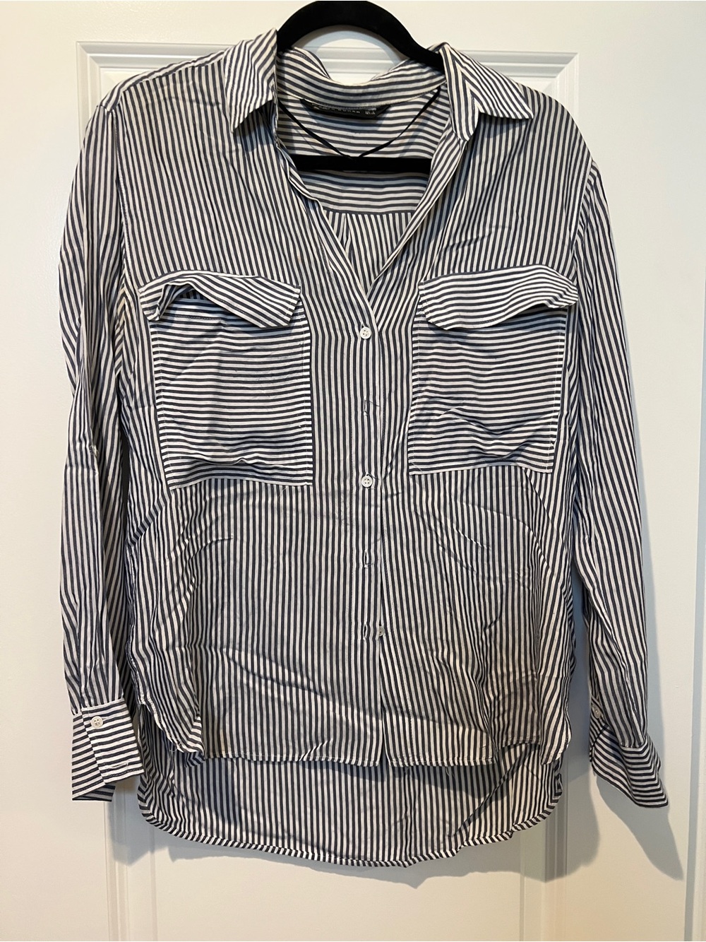 Zara Black & White Striped Button-Down Shirt black & white proper classic chic